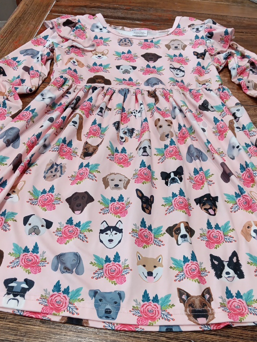 Girls Pink Floral Puppy Print Long Sleeve Dress